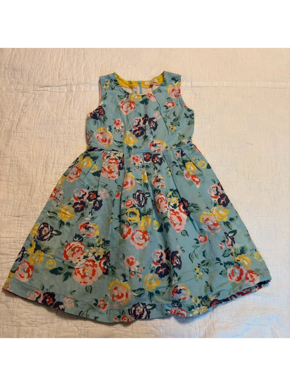 Mini Boden Girls Floral Linen-Blend Pleated Dress - Blue Multi-Color Size 9-10Y